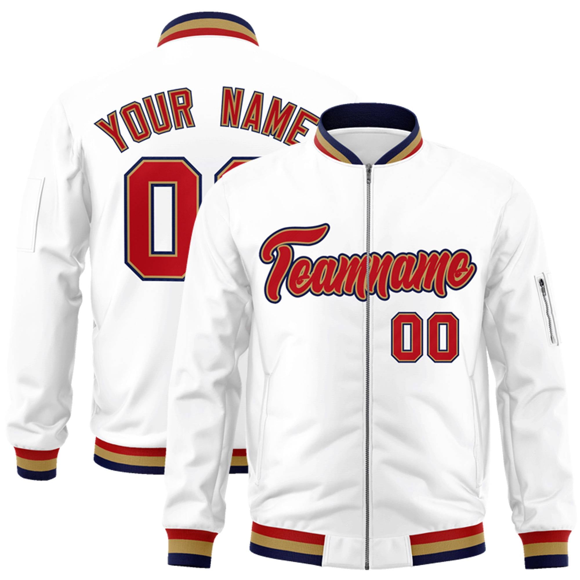 Custom White Red-Old Gold Varsity Full-Zip Letterman Bomber Jacket