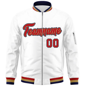 Custom White Red-Old Gold Varsity Full-Zip Letterman Bomber Jacket