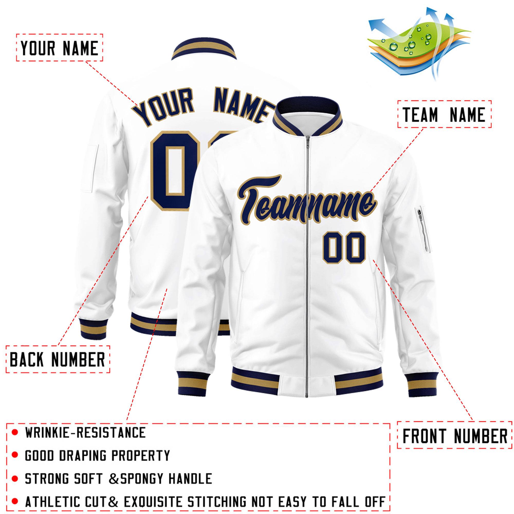 Custom White Navy-Old Gold Varsity Full-Zip Letterman Bomber Jacket