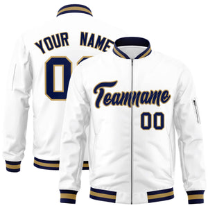 Custom White Navy-Old Gold Varsity Full-Zip Letterman Bomber Jacket