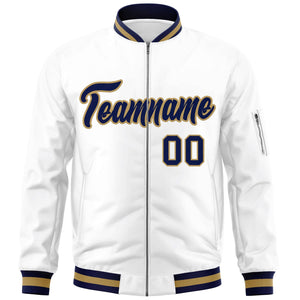 Custom White Navy-Old Gold Varsity Full-Zip Letterman Bomber Jacket