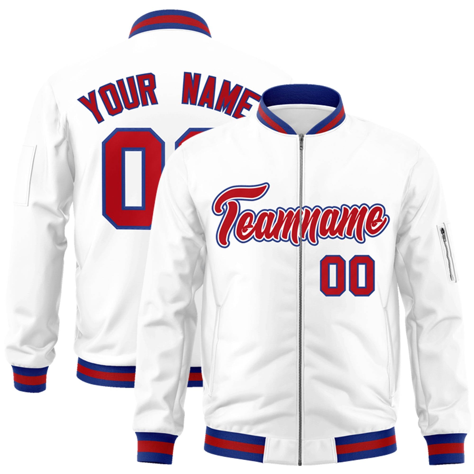 Custom White Red-Royal Varsity Full-Zip Letterman Bomber Jacket