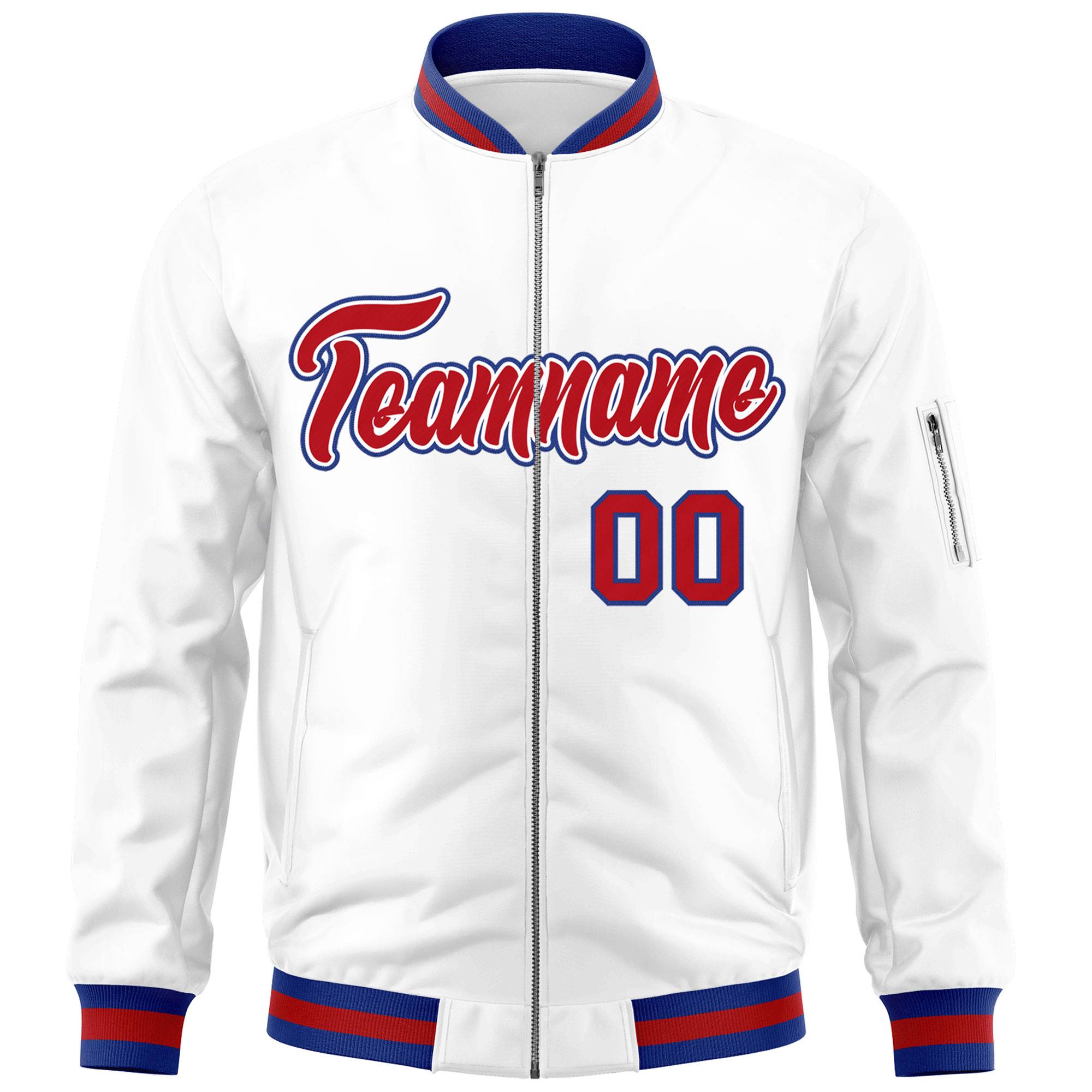 Custom White Red-Royal Varsity Full-Zip Letterman Bomber Jacket