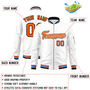 Custom White Orange-Black Varsity Full-Zip Letterman Bomber Jacket