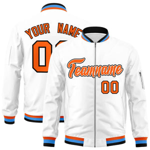 Custom White Orange-Black Varsity Full-Zip Letterman Bomber Jacket