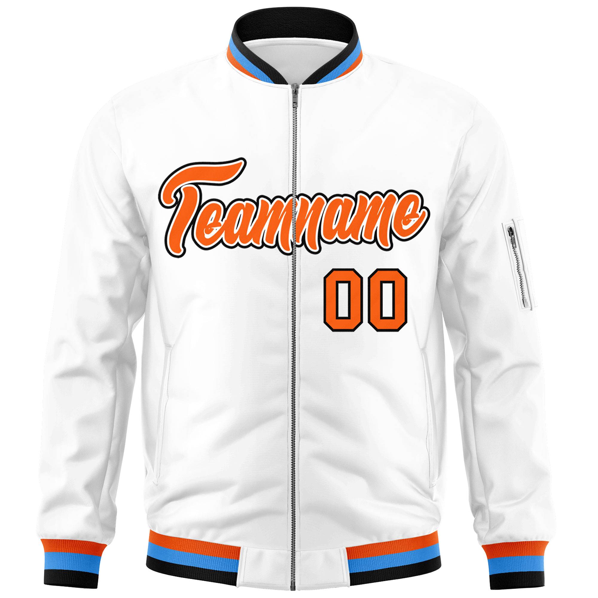 Custom White Orange-Black Varsity Full-Zip Letterman Bomber Jacket