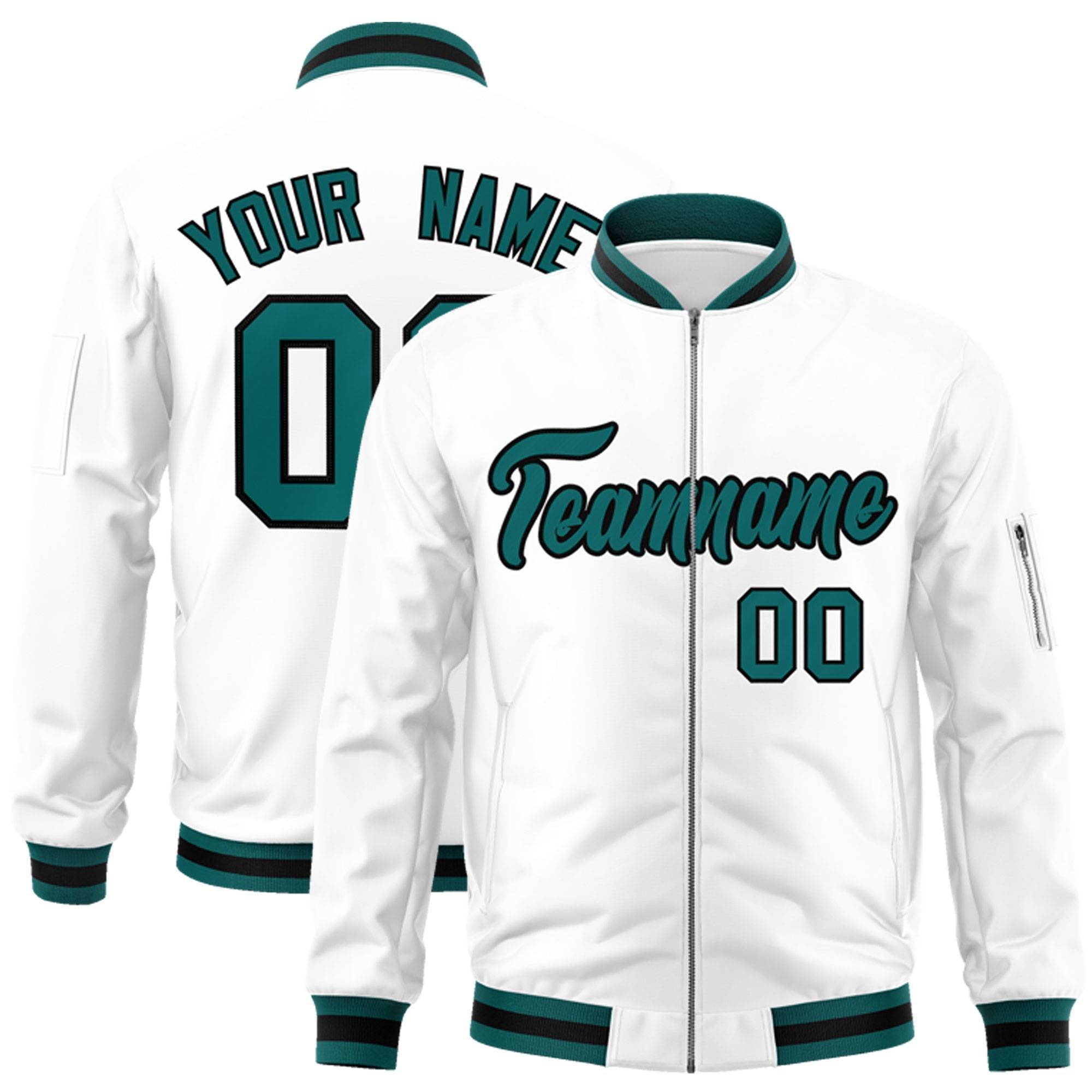 Custom White Aqua-Black Varsity Full-Zip Letterman Bomber Jacket