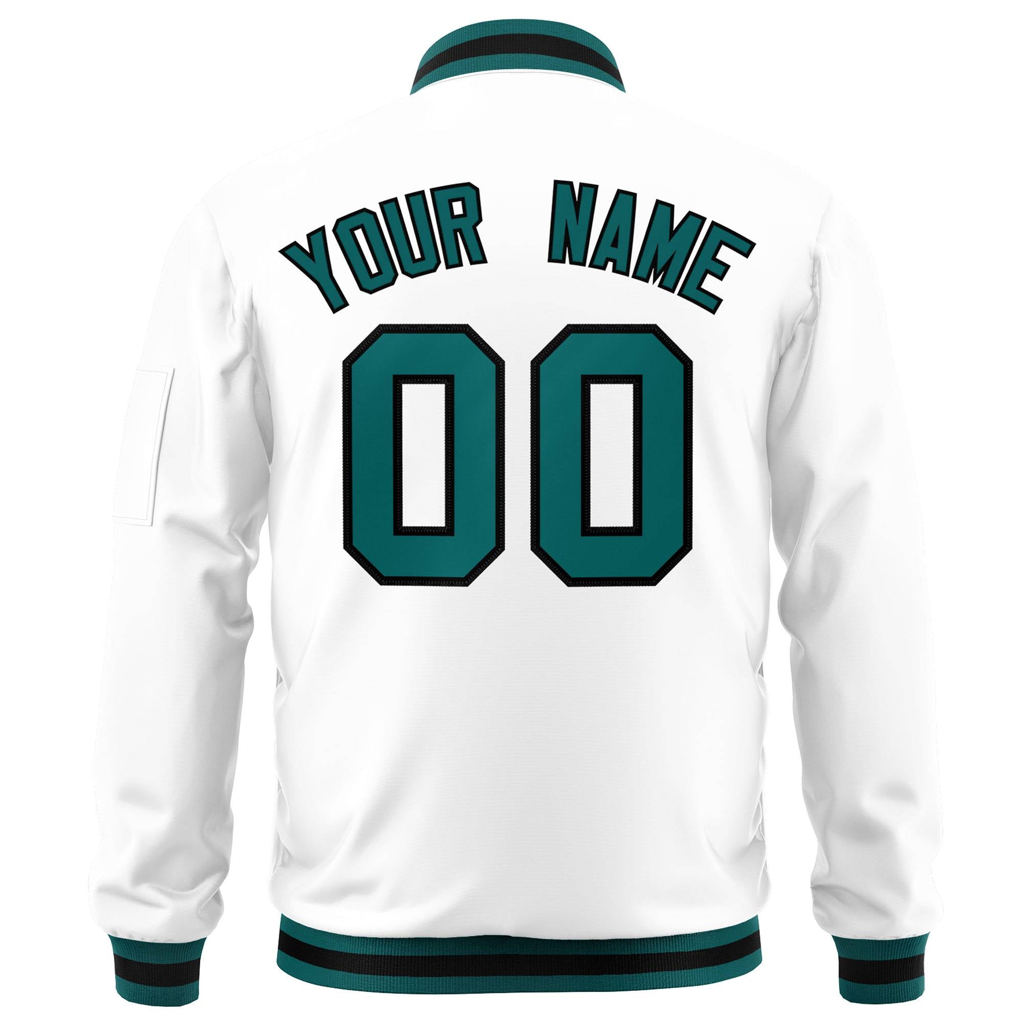 Custom White Aqua-Black Varsity Full-Zip Letterman Bomber Jacket