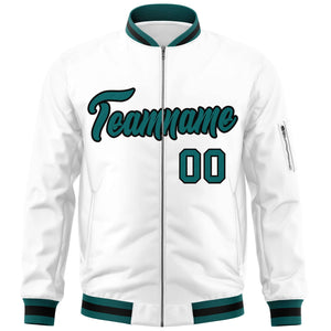 Custom White Aqua-Black Varsity Full-Zip Letterman Bomber Jacket