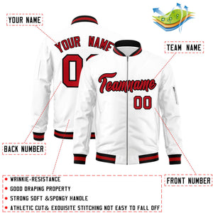 Custom White Red-Black Varsity Full-Zip Letterman Bomber Jacket