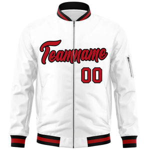 Custom White Red-Black Varsity Full-Zip Letterman Bomber Jacket