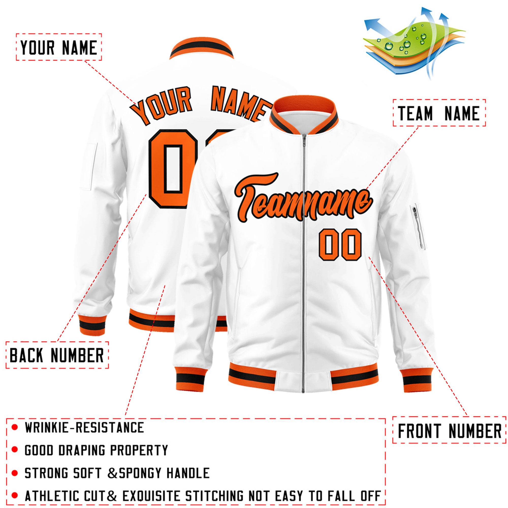 Custom White Orange-Black Varsity Full-Zip Letterman Bomber Jacket