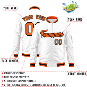 Custom White Orange-Black Varsity Full-Zip Letterman Bomber Jacket