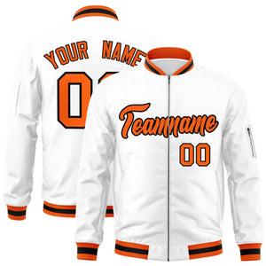 Custom White Orange-Black Varsity Full-Zip Letterman Bomber Jacket