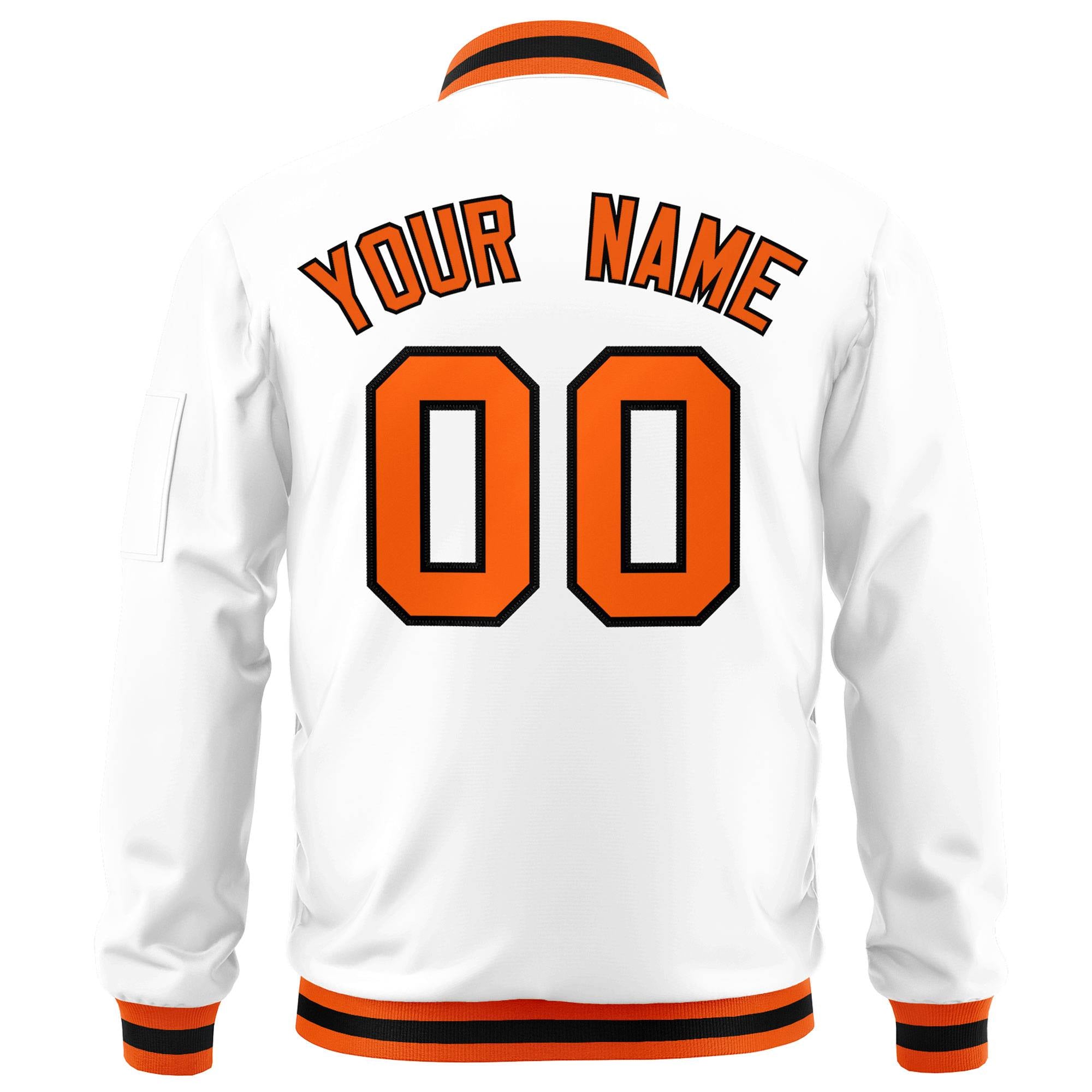 Custom White Orange-Black Varsity Full-Zip Letterman Bomber Jacket