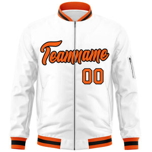 Custom White Orange-Black Varsity Full-Zip Letterman Bomber Jacket