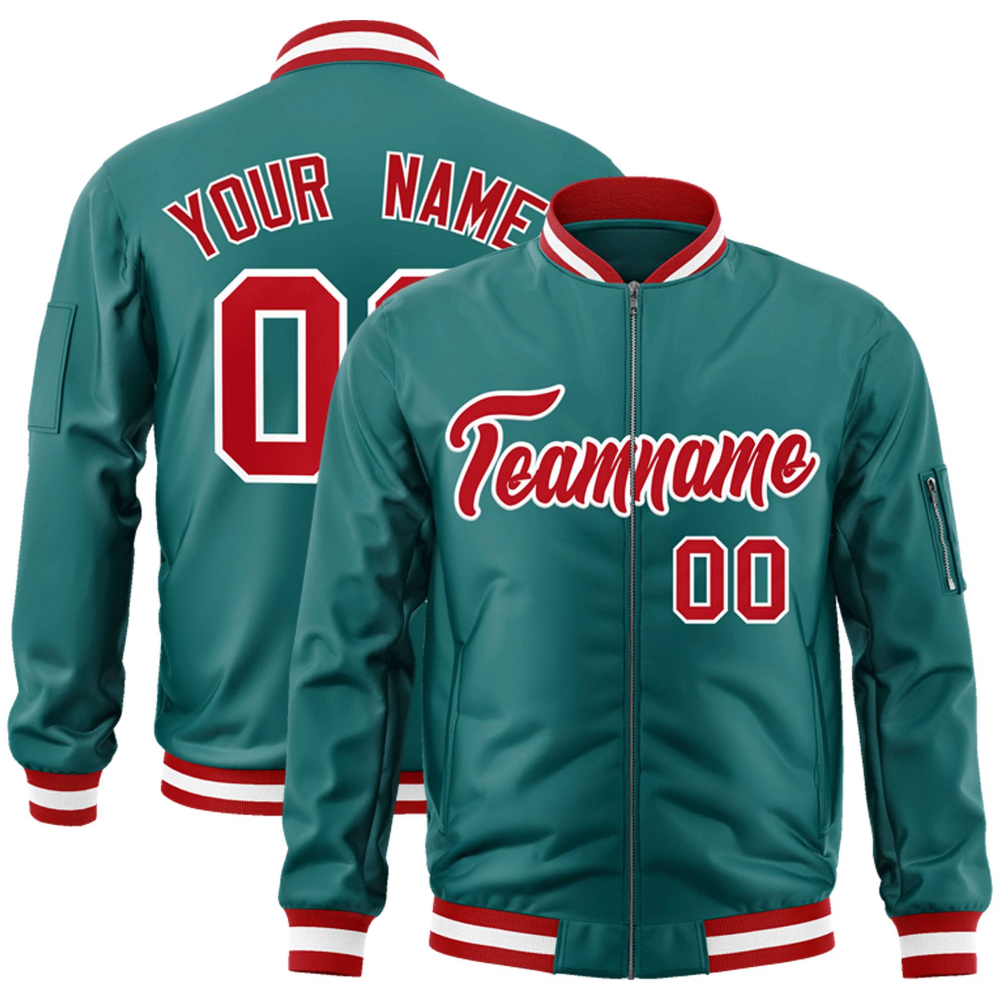 Custom Aqua Red-White Varsity Full-Zip Letterman Bomber Jacket