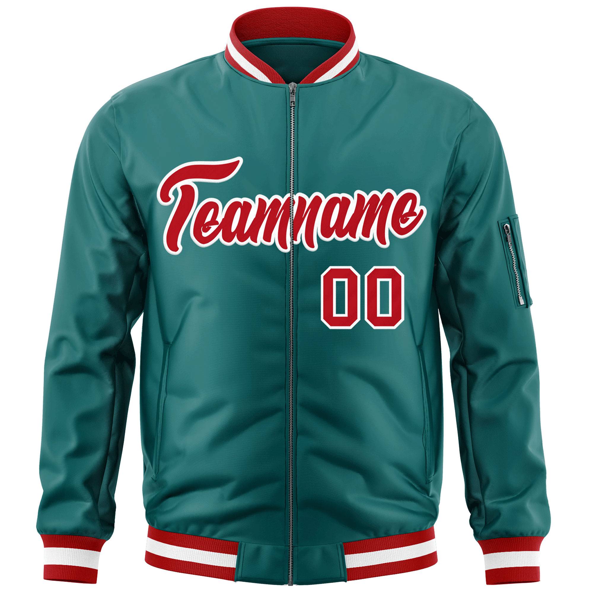 Custom Aqua Red-White Varsity Full-Zip Letterman Bomber Jacket