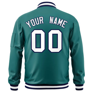 Custom Aqua White-Navy Varsity Full-Zip Letterman Bomber Jacket