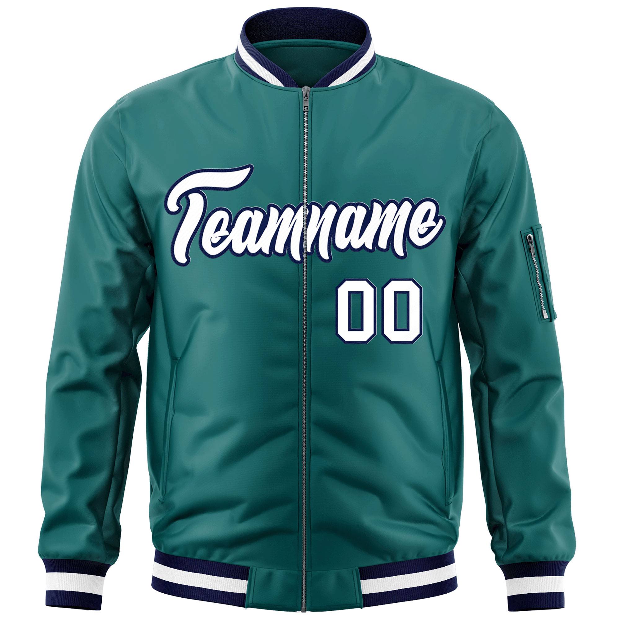 Custom Aqua White-Navy Varsity Full-Zip Letterman Bomber Jacket