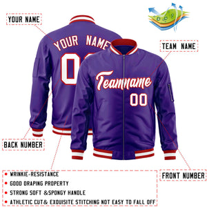 Custom Purple White-Red Varsity Full-Zip Letterman Bomber Jacket