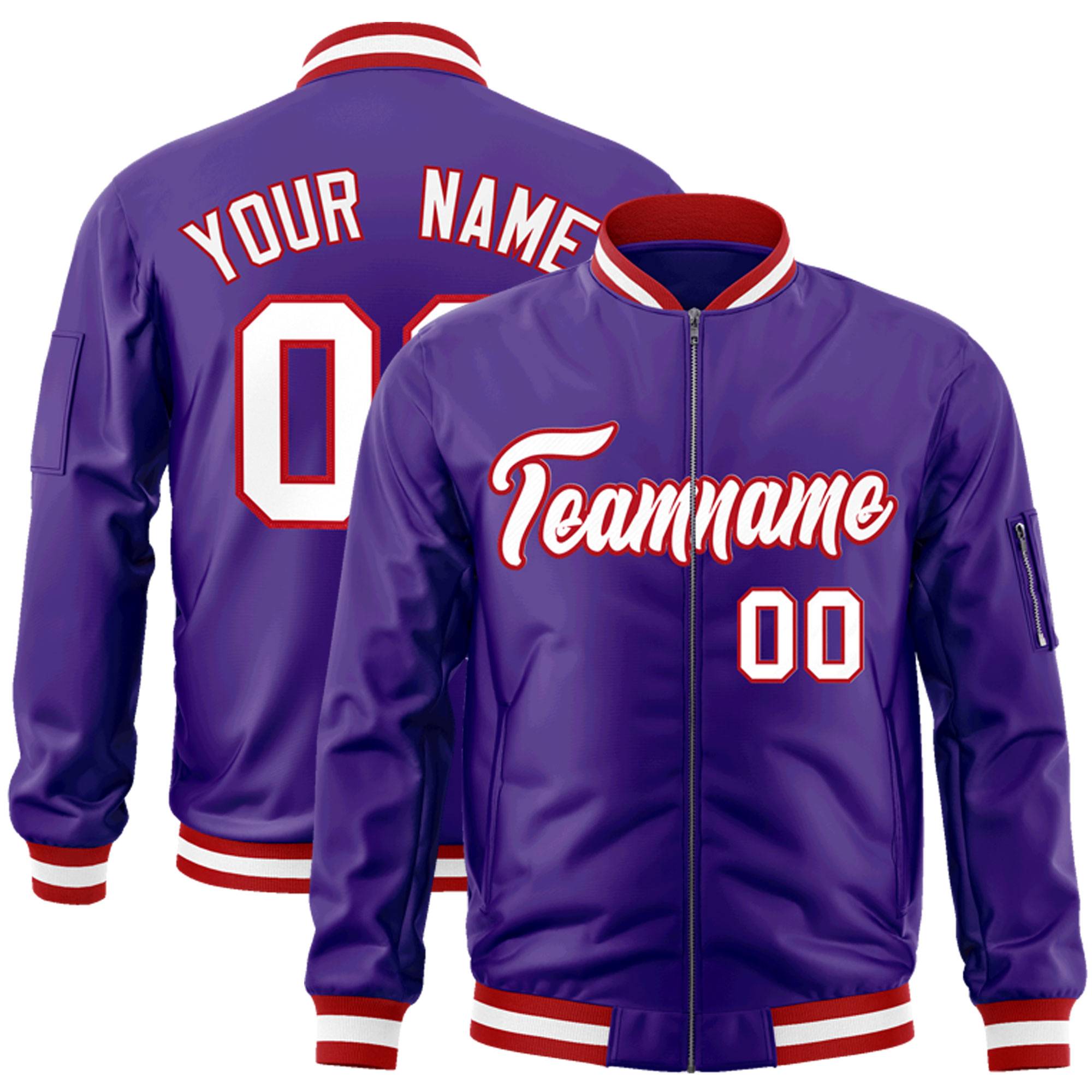 Custom Purple White-Red Varsity Full-Zip Letterman Bomber Jacket