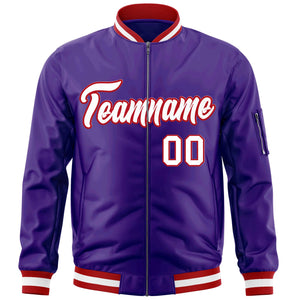 Custom Purple White-Red Varsity Full-Zip Letterman Bomber Jacket