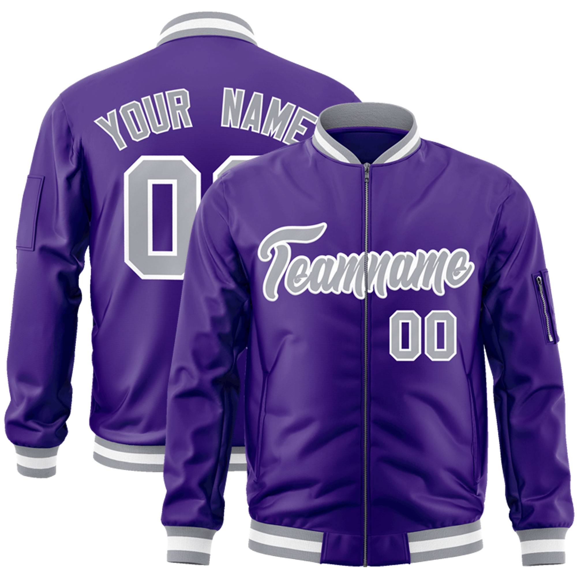 Custom Purple Gray-White Varsity Full-Zip Letterman Bomber Jacket