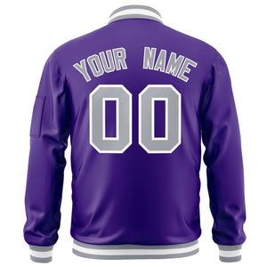 Custom Purple Gray-White Varsity Full-Zip Letterman Bomber Jacket