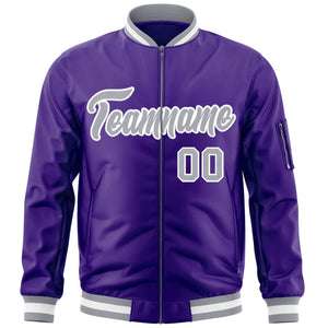 Custom Purple Gray-White Varsity Full-Zip Letterman Bomber Jacket