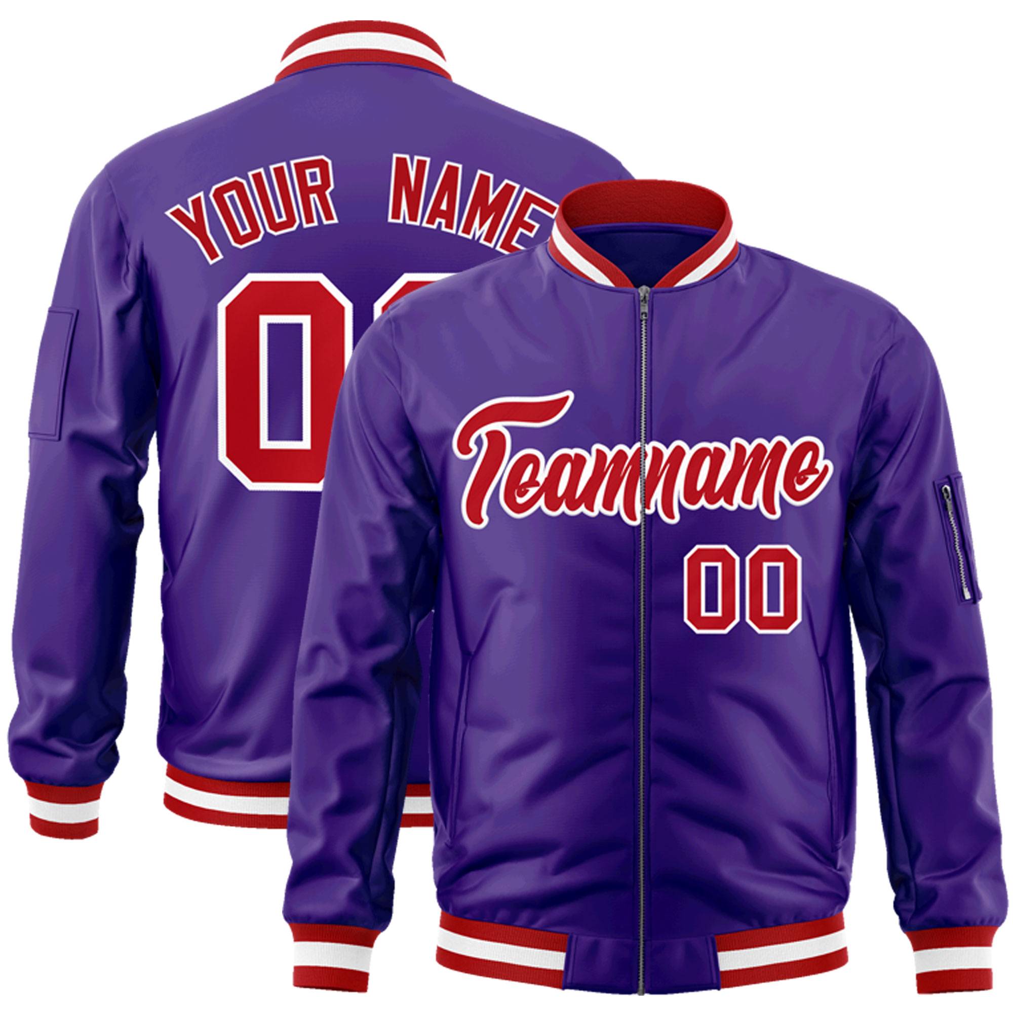 Custom Purple Red-White Varsity Full-Zip Letterman Bomber Jacket