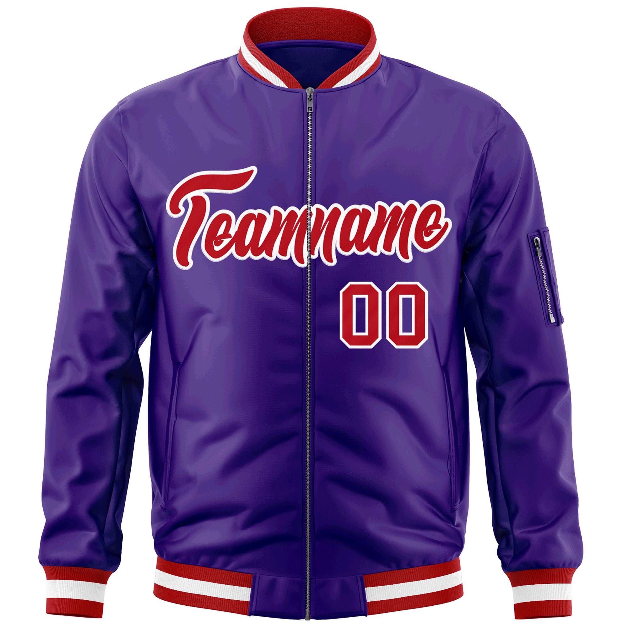 Custom Purple Red-White Varsity Full-Zip Letterman Bomber Jacket