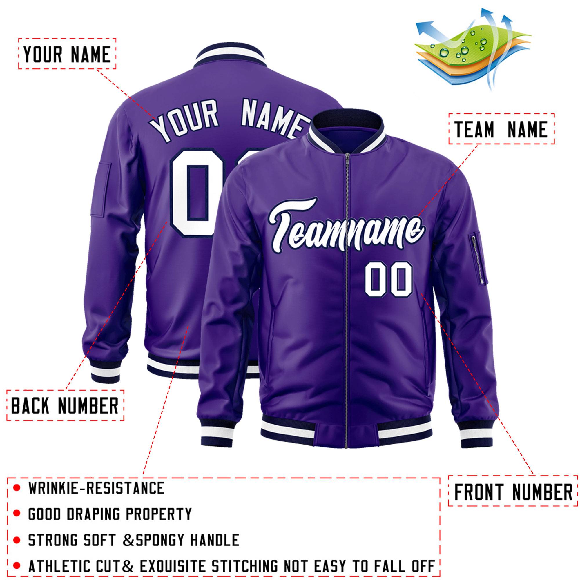 Custom Purple White-Navy Varsity Full-Zip Letterman Bomber Jacket