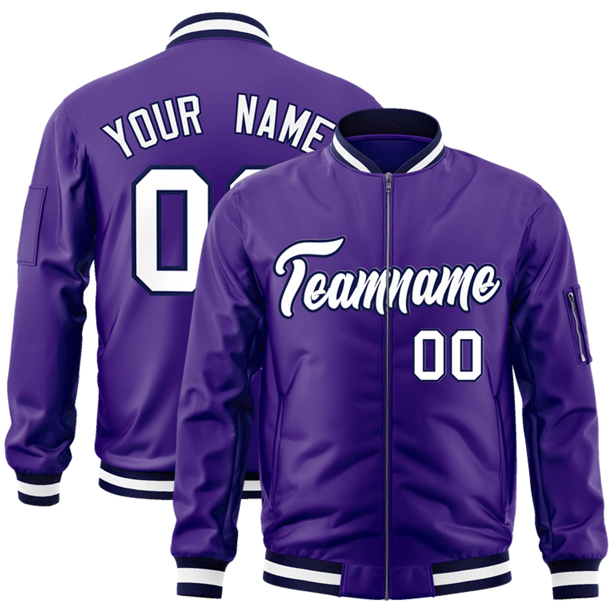 Custom Purple White-Navy Varsity Full-Zip Letterman Bomber Jacket