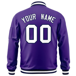 Custom Purple White-Navy Varsity Full-Zip Letterman Bomber Jacket