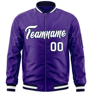 Custom Purple White-Navy Varsity Full-Zip Letterman Bomber Jacket