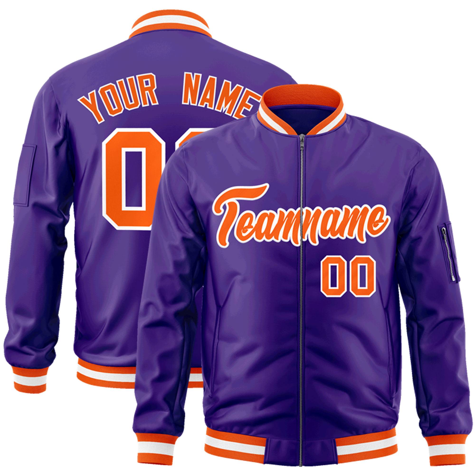 Custom Purple Orange-White Varsity Full-Zip Letterman Bomber Jacket