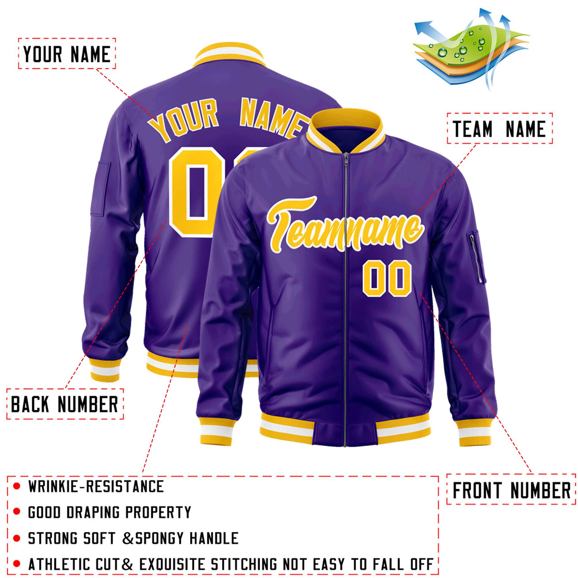 Custom Purple Gold-White Varsity Full-Zip Letterman Bomber Jacket