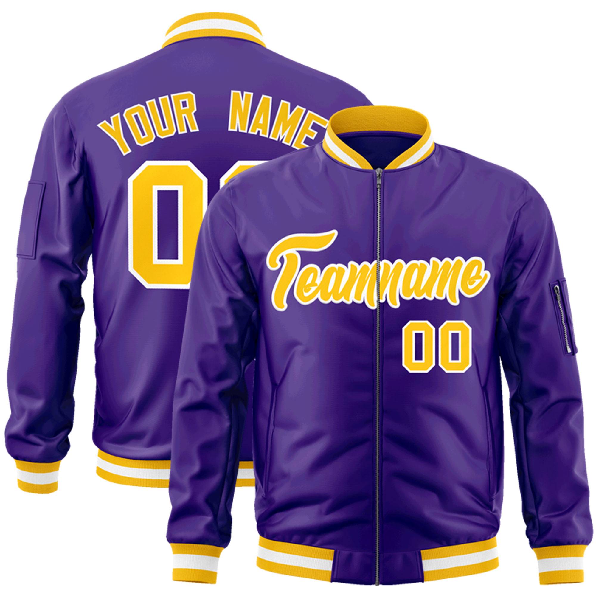 Custom Purple Gold-White Varsity Full-Zip Letterman Bomber Jacket