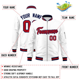 Custom White Red-Navy Varsity Full-Zip Letterman Bomber Jacket