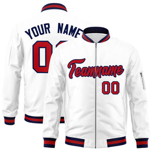 Custom White Red-Navy Varsity Full-Zip Letterman Bomber Jacket