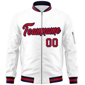 Custom White Red-Navy Varsity Full-Zip Letterman Bomber Jacket