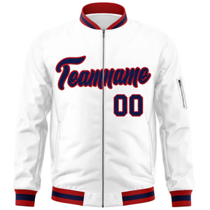 Custom White Navy-Red Varsity Full-Zip Letterman Bomber Jacket