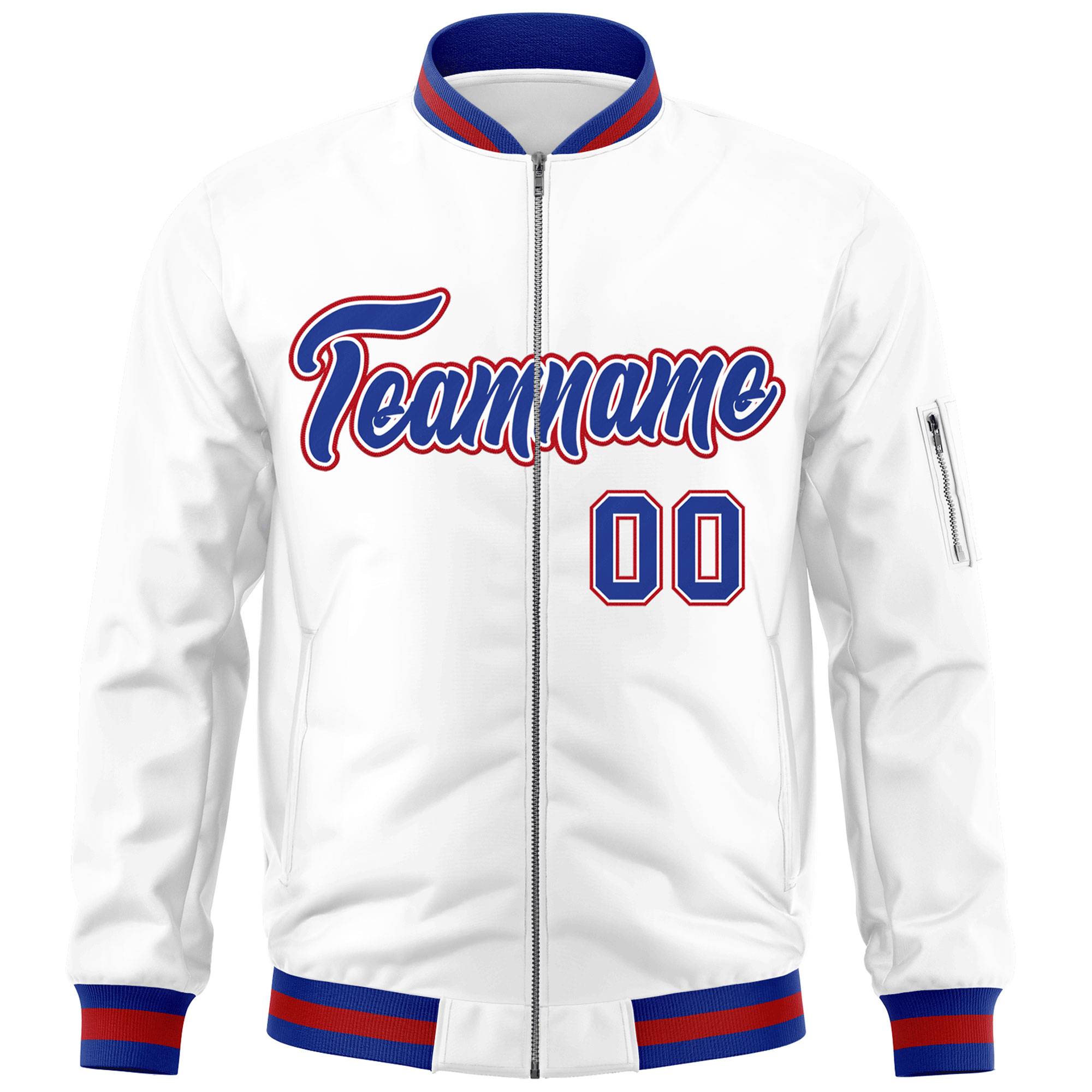 Custom White Royal-Red Varsity Full-Zip Letterman Bomber Jacket