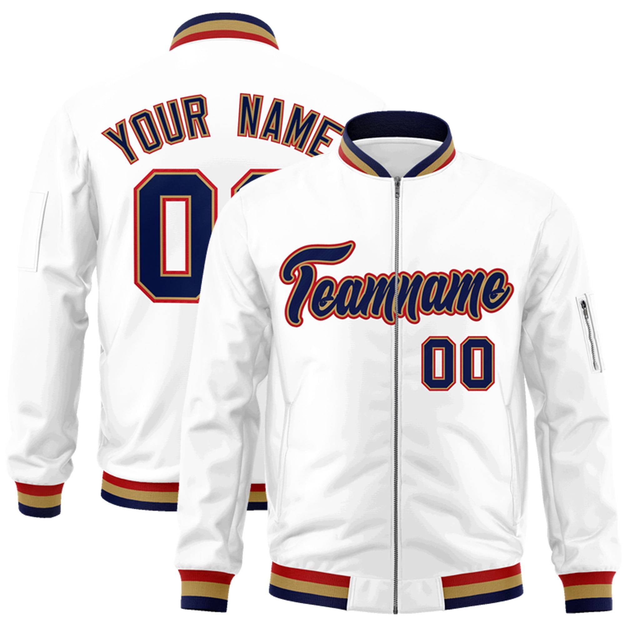 Custom White Navy-Red Varsity Full-Zip Letterman Bomber Jacket