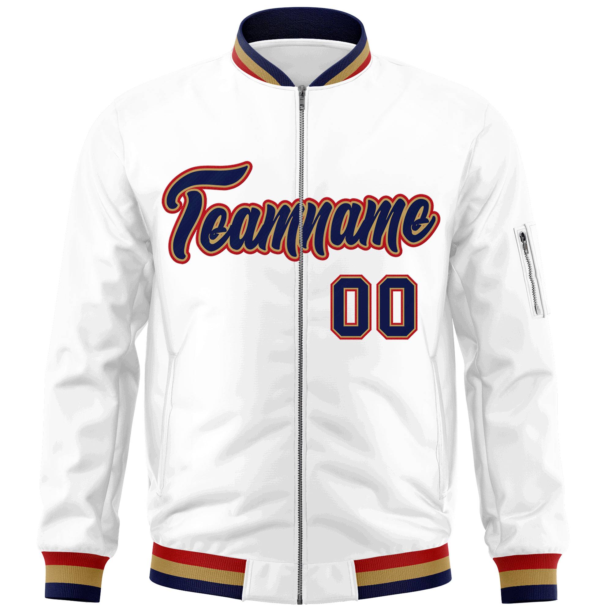 Custom White Navy-Red Varsity Full-Zip Letterman Bomber Jacket