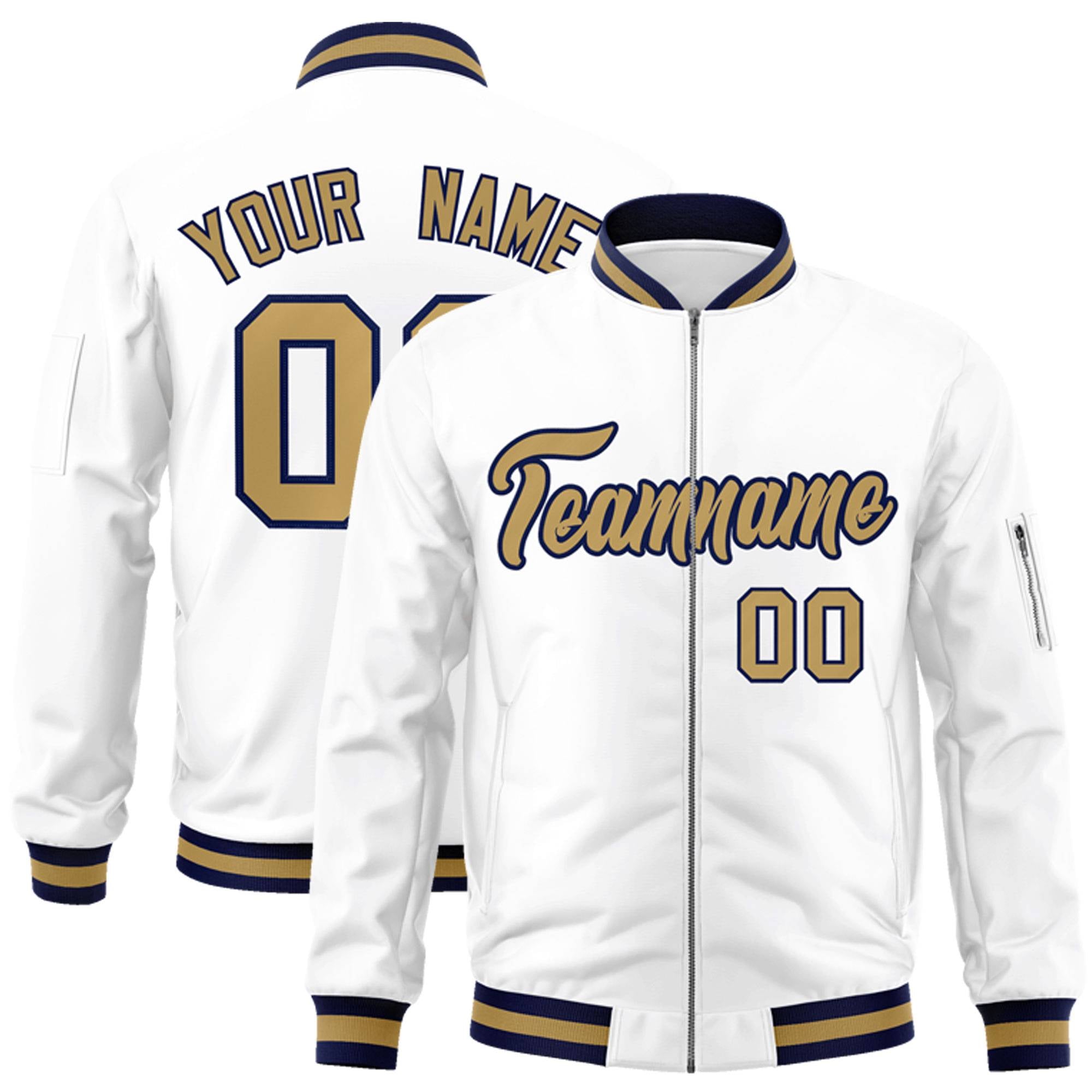 Custom White Old Gold-Navy Varsity Full-Zip Letterman Bomber Jacket