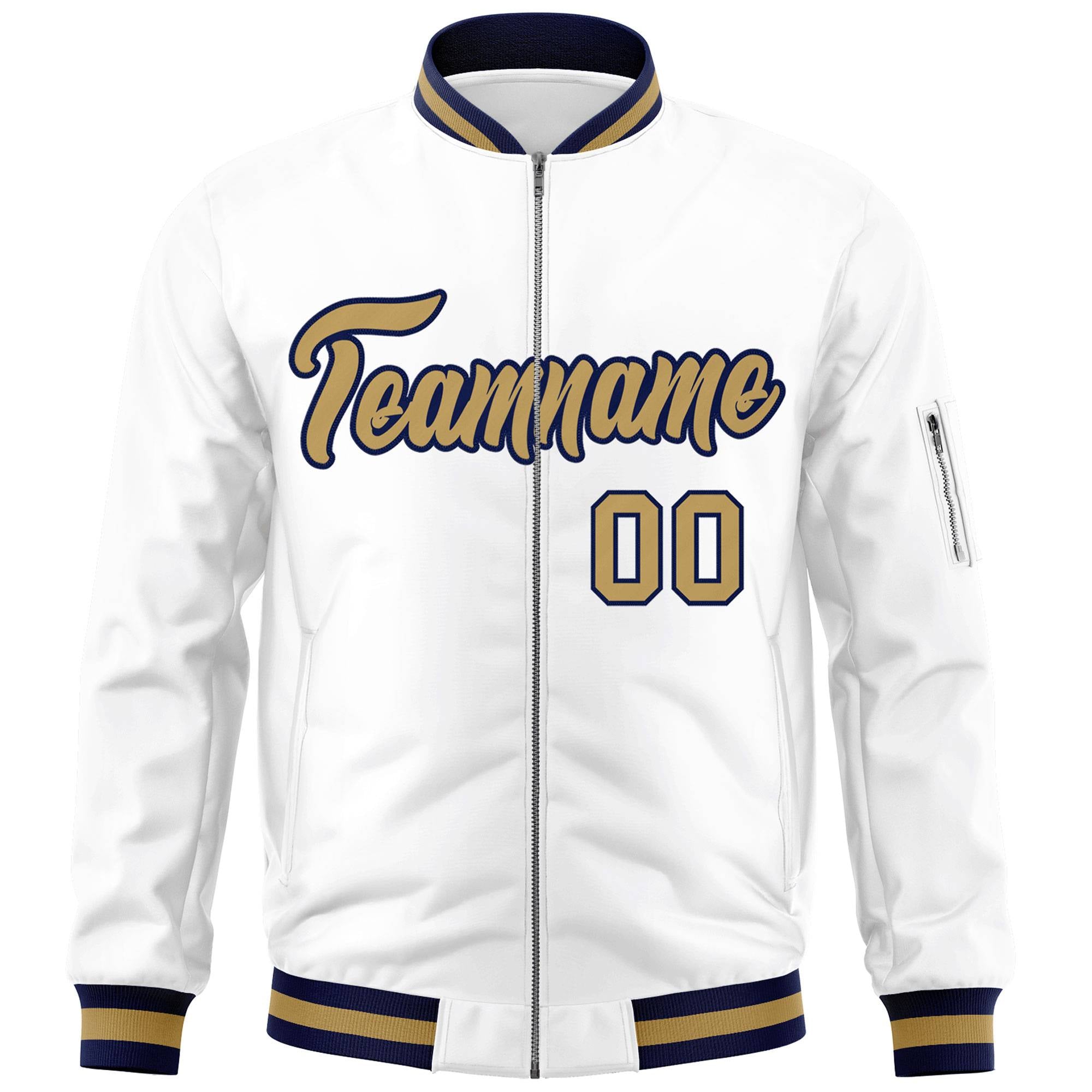 Custom White Old Gold-Navy Varsity Full-Zip Letterman Bomber Jacket