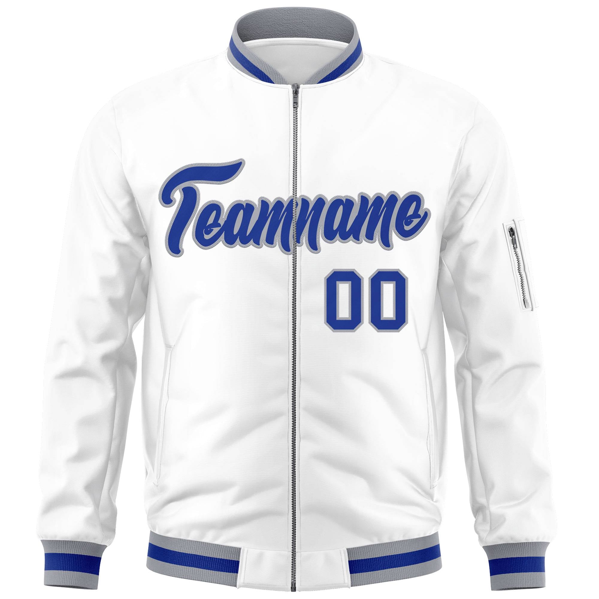 Custom White Royal-Gray Varsity Full-Zip Letterman Bomber Jacket