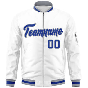 Custom White Royal-Gray Varsity Full-Zip Letterman Bomber Jacket